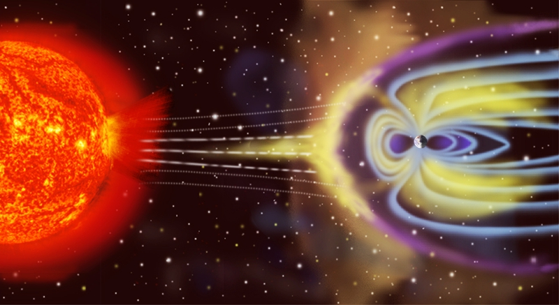 Artystyczna wizja ziemskiej magnetosfery w zderzeniu z wiatrem słonecznym. Źródło: NASA, Public Domain