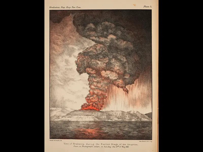 Litografia przedstawiająca wybuch Krakatau, opublikowana w raporcie Royal Society w 1888 r. Domena publiczna