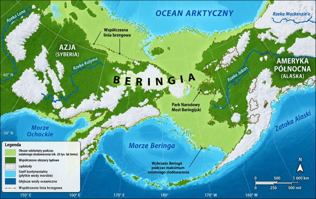 Beringia około 20 tys. lat temu. Obniżenie poziomu oceanu odsłoniło rozległy obszar dzisiejszego dna Morza Beringa, łącząc północno-wschodnią Azję z Alaską. Beringia umożliwiała migracje zwierząt, a także ludzi między Azją i Ameryką Północną. Źródło: National Park Service