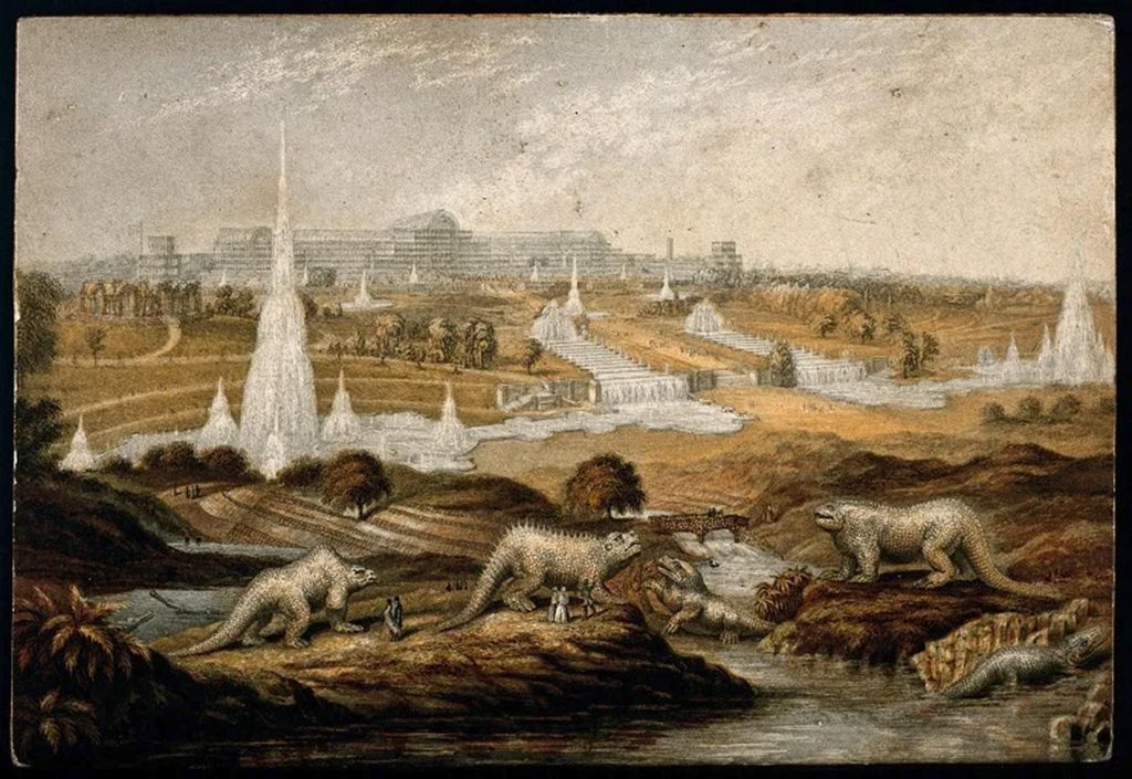Pierwsze rekonstrukcje dinozaurów w Crystal Palace Park w Londynie. Modele prehistorycznych zwierząt stworzył Benjamin Waterhouse Hawkins według ówczesnych koncepcji naukowych Richarda Owena. Grafika George'a Baxtera, ok. 1854 r. Źródło: Wellcome Collection, domena publiczna.