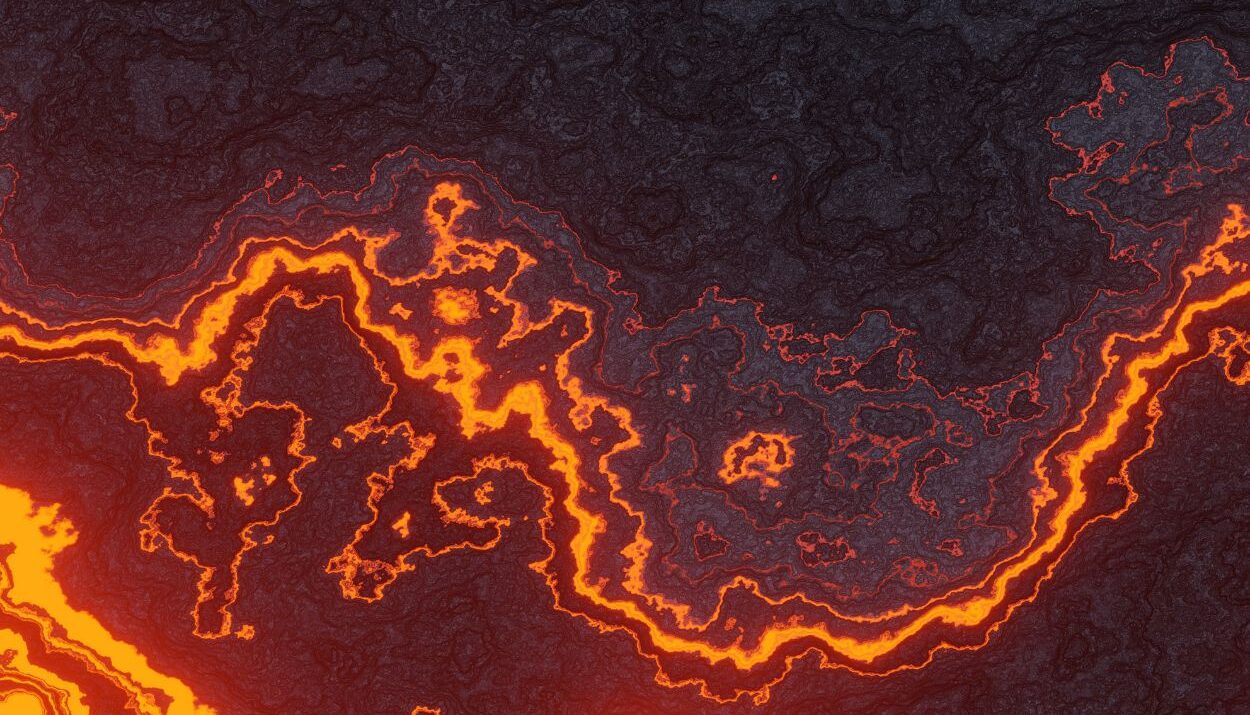 Erupcja wulkanu, płynąca lawa