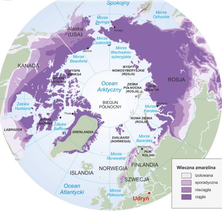 Zasięg wieloletniej zmarzliny na półkuli północnej. Źródło: International Permafrost Association, 1998. Circumpolar active-Layer Permafrost system (CAPS), version 1.0. (3/7)