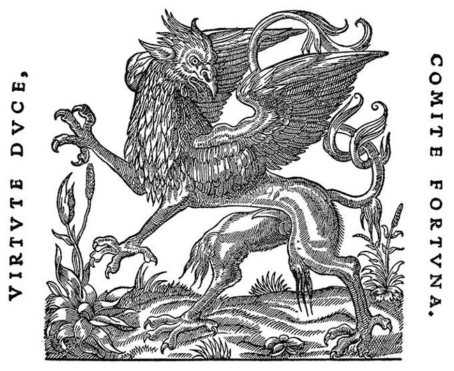 Wyobrażenie gryfa w XVI wieku (źródło: https://archive.org/details/marquestypograph02silv/page/498)