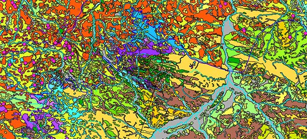 Fragment zakrytej mapy geologicznej Polski - mozaika barw oddaje różnorodność skał występujących na powierzchni