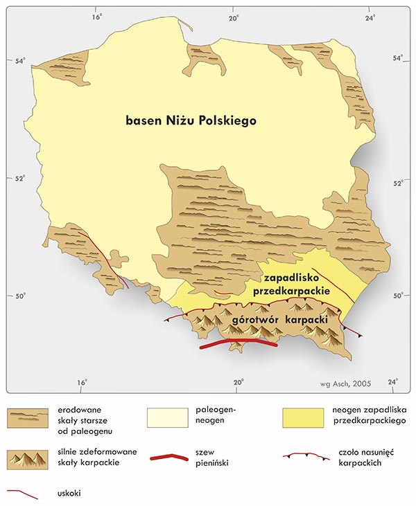 Mapa geologiczna Polski w skali 1 : 1 000 000 po usunięciu osadów czwartorzędowych. Źródło: Państwowy Instytut Geologiczny-PIB