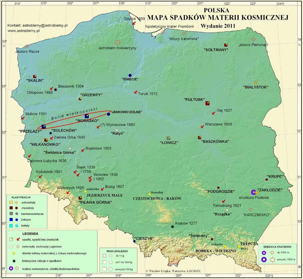 Mapa spadków materii kosmicznej opracowana dla Polskiego Towarzystwa Meteorytowego przez Wiesława Czajkę. źródło www.astroblemy.pl