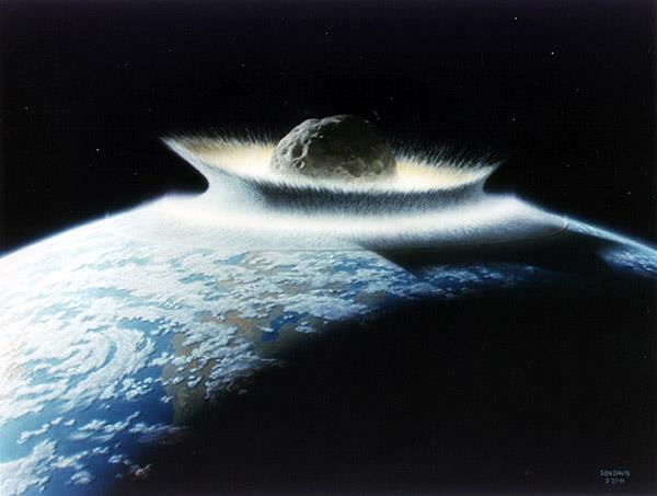 Artystyczna wizja zderzenia wielkiej asteroidy (o średnicy 500 km) z młodą Ziemią; autor Don Davis, NASA