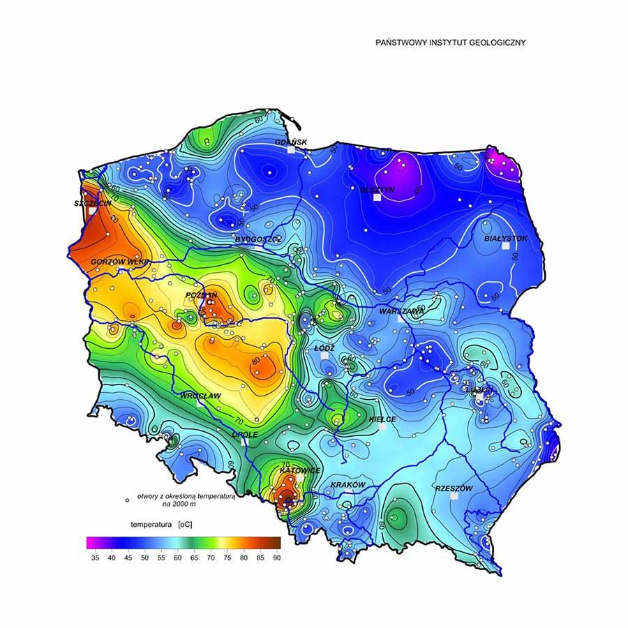 Mapa temperatury na głębokości 2000 metrów p.p.t. (Szewczyk, 2010 – zmodyfikowana)