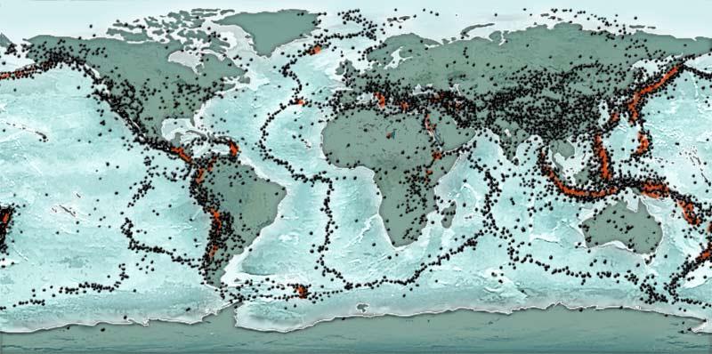 Rozmieszczenie trzęsień ziemi na świecie. Źródło: British Geological Survey