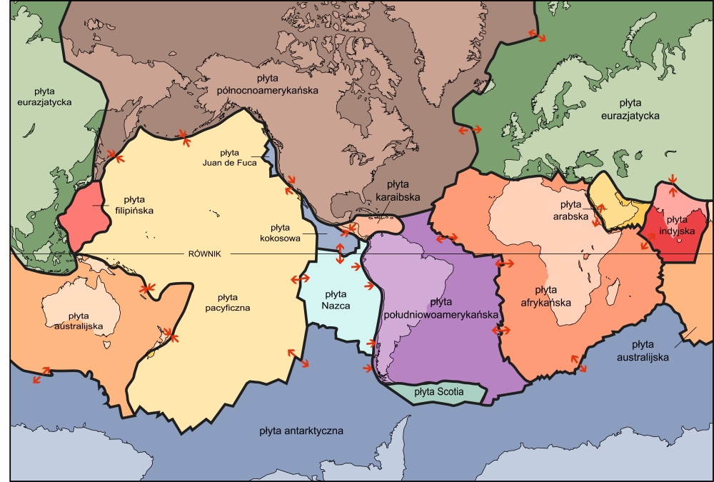 Mapa świata z 15 największymi płytami litosfery. Wyróżniana niekiedy jako 16, płyta somalijska, znajduje się we wschodniej części płyty afrykańskiej. Autor: Adi4000. Domena publiczna (rysunek nieznacznie zmodyfikowany)