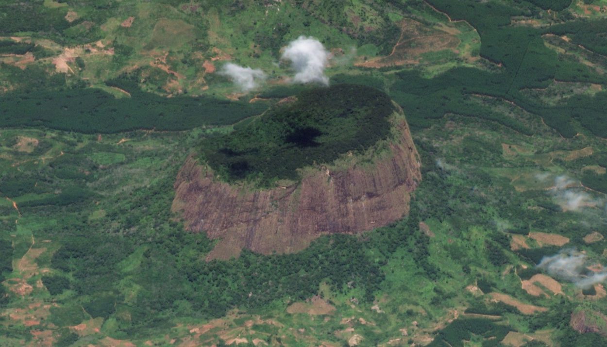 Mount Lico w Mozambiku — izolowany masyw skalny z lasem na wierzchołku. Zdjęcie satelitarne SkySat z 15 marca 2020 r. © Planet Labs, Inc., CC BY 4.0, kadr: Ahecht / Wikimedia Commons