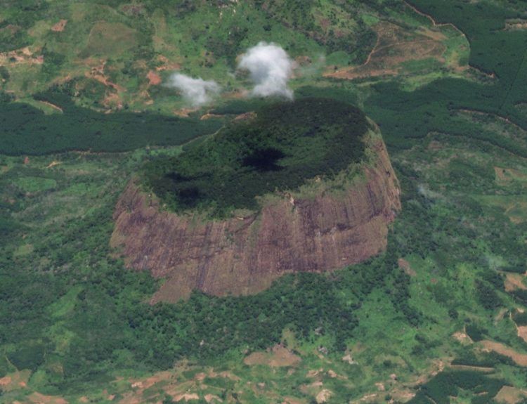 Mount Lico w Mozambiku — izolowany masyw skalny z lasem na wierzchołku. Zdjęcie satelitarne SkySat z 15 marca 2020 r. © Planet Labs, Inc., CC BY 4.0, kadr: Ahecht / Wikimedia Commons